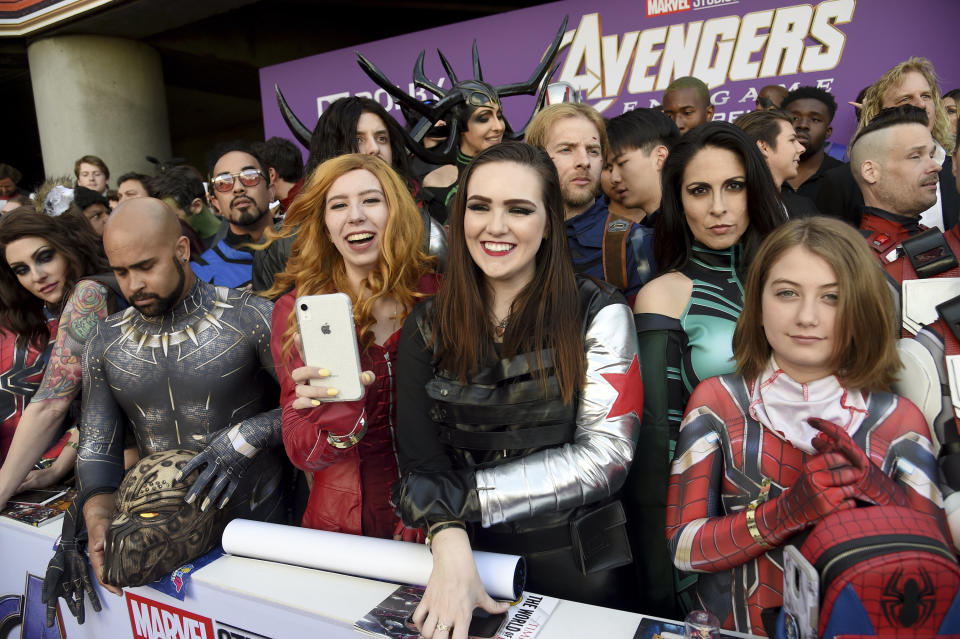 Fans dressed as Marvel characters are seen during the premiere of "Avengers: Endgame" at the Los Angeles Convention Center on Monday, April 22, 2019. (Photo by Chris Pizzello/Invision/AP)