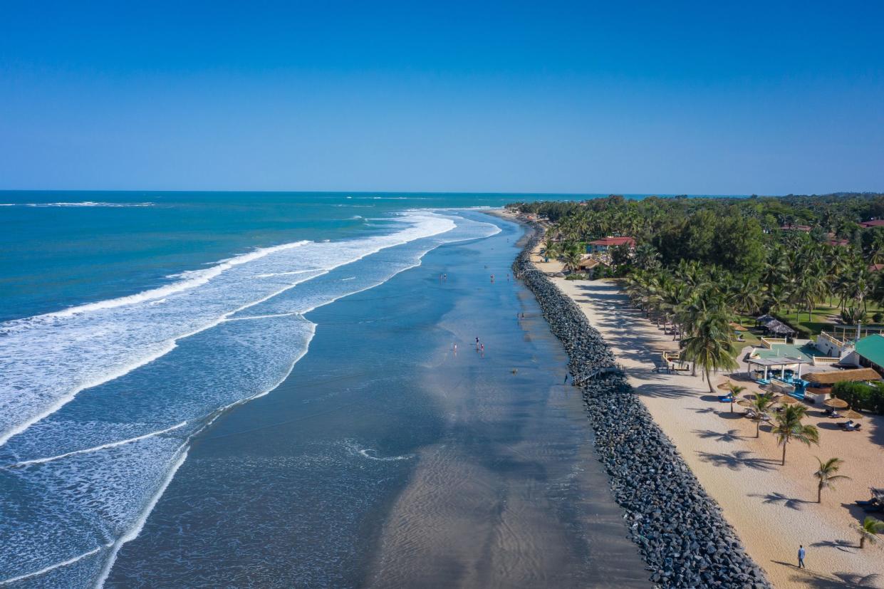 Aerial view of Idyllic beach near the Senegambia hotel strip in the Gambia, West Africa.