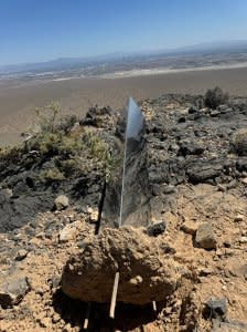 A photo shows the downed monolith before it was removed from the southern Nevada desert. (LVMPD)