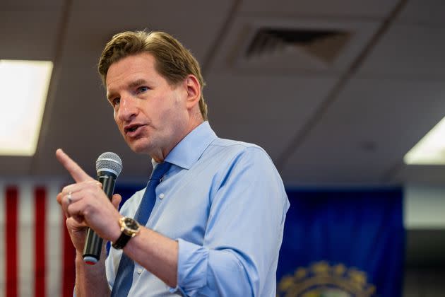 Rep. Dean Phillips (D-Minn.), seen here campaigning in Nashua on Saturday, is hoping to take advantage of President Joe Biden's absence from the ballot in New Hampshire.