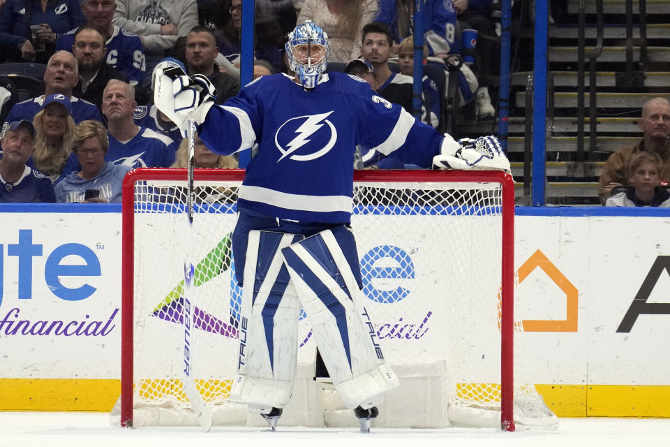 Tampa Bay Lightning goaltender Jonas Johansson (31) reacts after giving up a goal to Montreal Canadiens defenseman Johnathan Kovacevic during the second period of an NHL hockey game Sunday, Dec. 31, 2023, in Tampa, Fla. (AP Photo/Chris O'Meara)