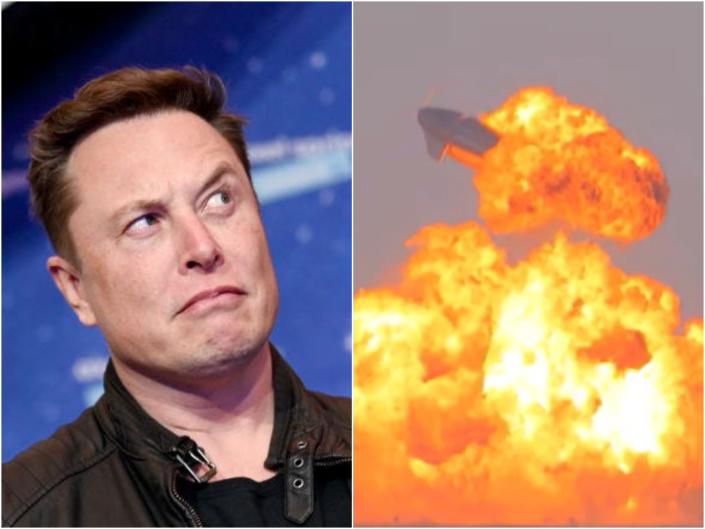 Elon Musk lève un sourcil avec une bouche sinistre alors qu'un prototype de vaisseau spatial explose dans une boule de feu