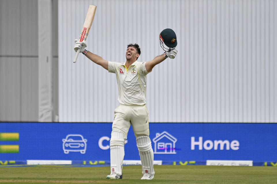 Australia's Mitchell Marsh celebrates scoring a century during the first day of the third Ashes Test match between England and Australia at Headingley, Leeds, England, Thursday, July 6, 2023. (AP Photo/Rui Vieira)