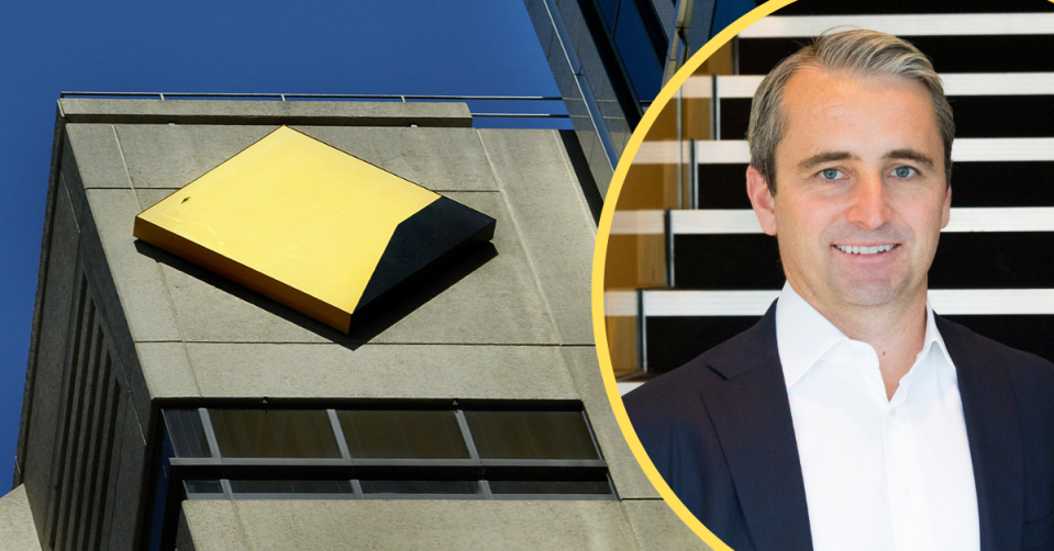 Commonwealth Bank logo on the top of a building and CBA CEO Matt Comyn on the right.