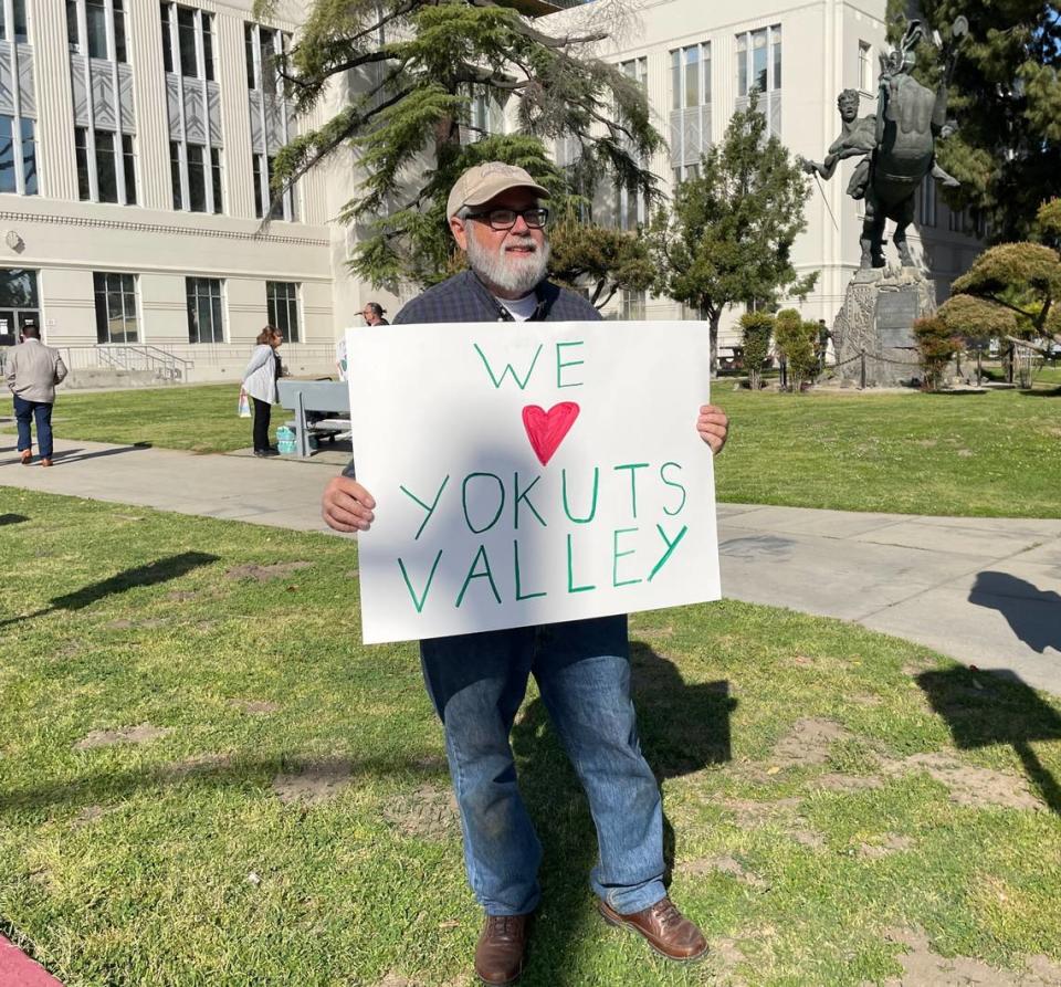 Yokuts Valley resident Ken Hudson was among the group gathered in downtown Fresno on Tuesday calling on Fresno County Board of Supervisors to drop the lawsuit against the state of California on April 11, 2023.