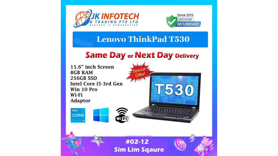 Lenovo Display Screen T530 ThinkPad No Webcam Intel Core i5-3rd Gen 4 / 8 GB RAM 128 / 256 GB SSD 15.6 inch 500 GB HDD Windows 10 Pro Ms Office. (Photo: Lazada SG)