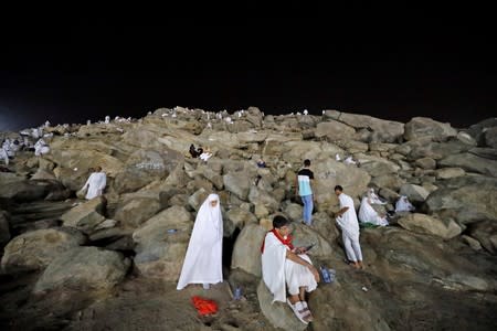 Muslim pilgrims gather on Mount Mercy on the plains of Arafat during the annual haj pilgrimage