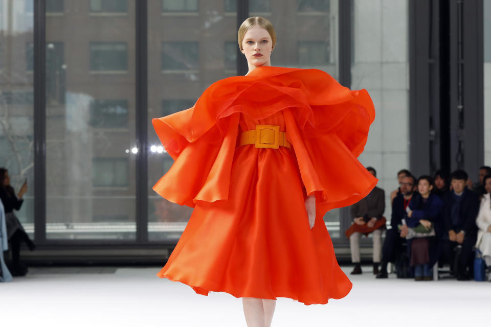 The Carolina Herrera collection is modeled during Fashion Week in New York, Monday, Feb. 10, 2020. (AP Photo/Richard Drew)