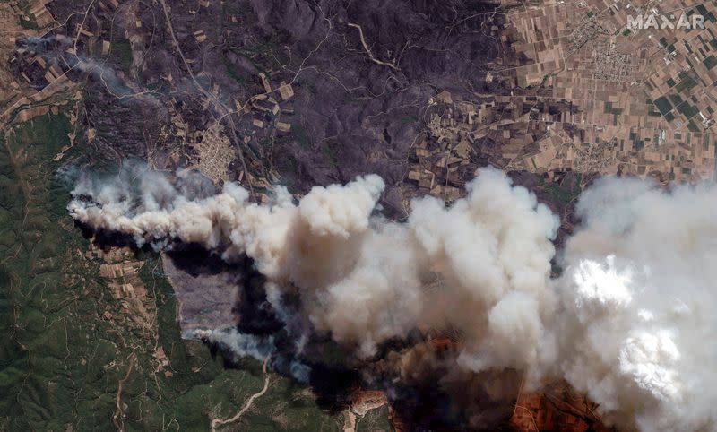 FOTO DE ARCHIVO: Una imagen de satélite de los incendios forestales en Alejandrópolis, Grecia