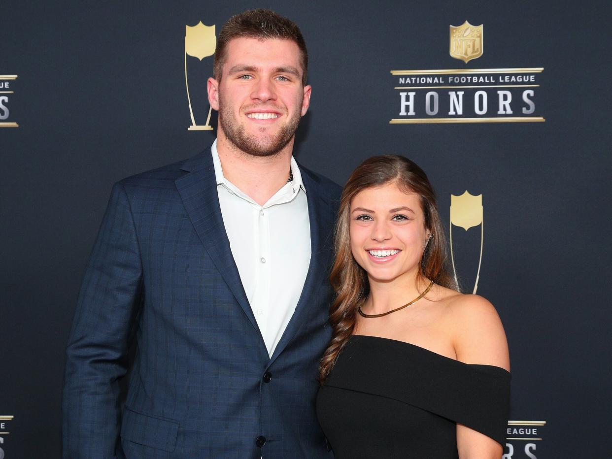 TJ Watt and his girlfriend Dani Rhodes pose for Photographs on the Red Carpet at NFL Honors during Super Bowl LII week on February 3, 2018, at Northrop at the University of Minnesota in Minneapolis, MN