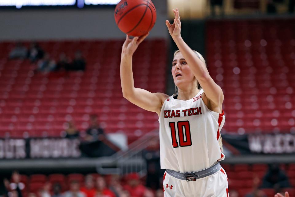 Texas Tech's Bryn Gerlich (10) shoots during the second half of an NCAA college basketball game against Baylor, Wednesday, Jan. 26, 2022, in Lubbock, Texas. (AP Photo/Brad Tollefson) ORG XMIT: TXBT110