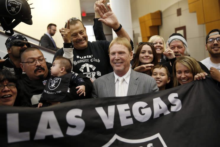 Raiders owner Mark Davis met with Las Vegas Raiders fans after a meeting last April. (AP)