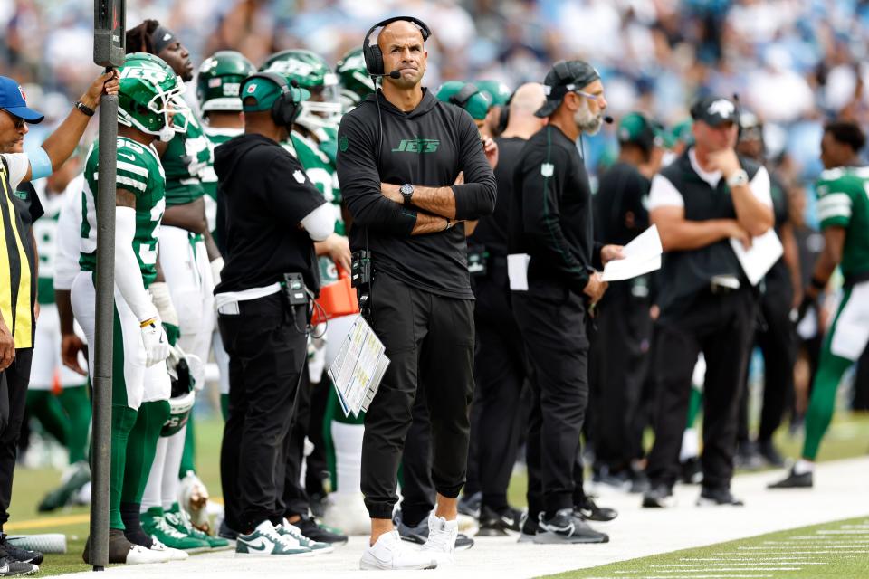 NASHVILLE, TENNESSEE - SEPTEMBER 15: Head coach Robert Saleh of the New York Jets looks on during a game against the Tennessee Titans at Nissan Stadium on September 15, 2024 in Nashville, Tennessee. (Photo by Wesley Hitt/Getty Images)