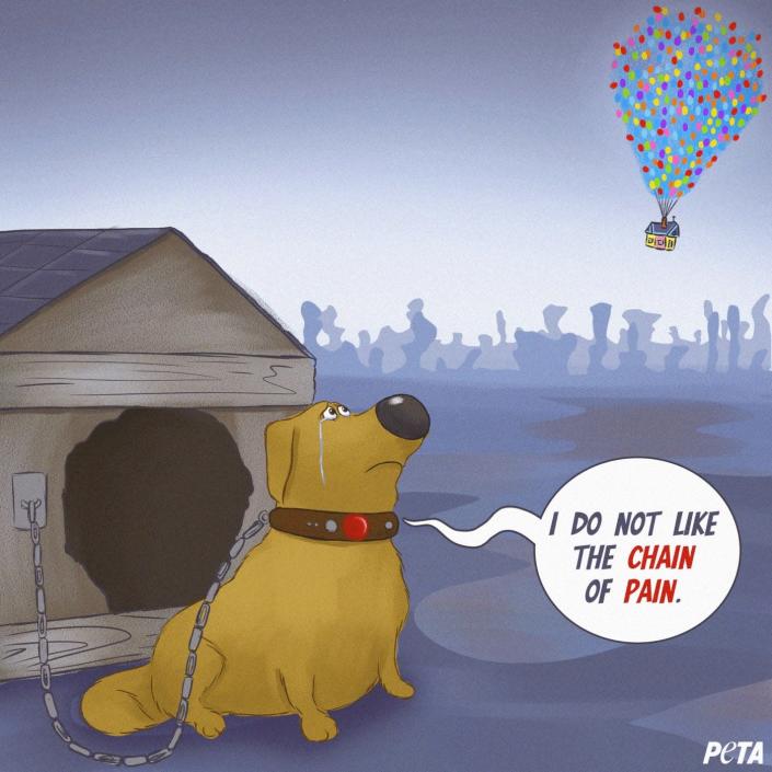 An illustration showing Doug from &quot;Up&quot; chained to his dog house, while saying &quot;I do not like the chain of pain.&quot;
