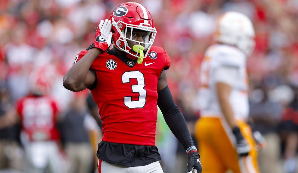 ATHENS, GEORGIA - NOVEMBER 05: Kamari Lassiter #3 of the Georgia Bulldogs reacts after a play against the Tennessee Volunteers during the second quarter at Sanford Stadium on November 05, 2022 in Athens, Georgia. (Photo by Todd Kirkland/Getty Images)