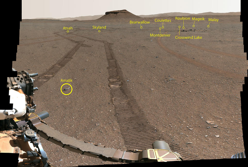 An annotated version of the portrait captured by NASA's Perseverance rover on Jan. 31, 2023 shows the location of the 10 sample tubes in the depot. The 