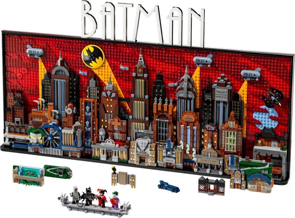 A LEGO tableau recreating the Gotham City skyline from Batman: The Animated Series with it on full display including 4 mini-figs