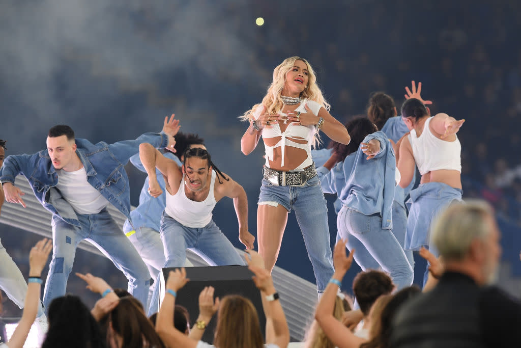 Rita Ora had fans divided over her look at last night's Soccer Aid [Photo: Getty]