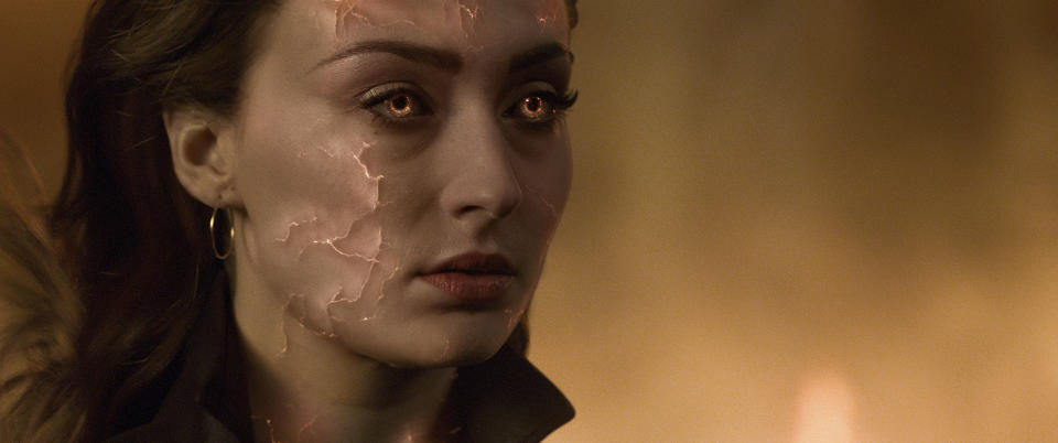 This image released by Twentieth Century Fox shows Sophie Turner in a scene from "Dark Phoenix." (Twentieth Century Fox via AP)