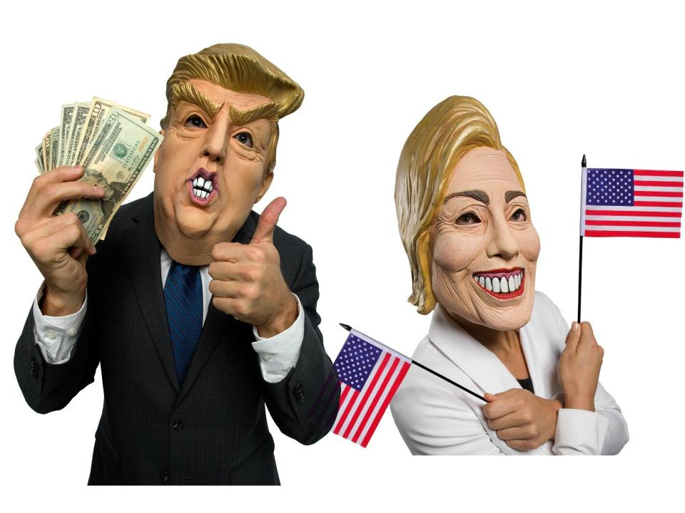 Yes, this <a href="http://www.fun.com/adult-donald-mask.html" target="_blank">mask looks nothing like Donald Trump,</a> but the model is probably holding more money than Trump pays in taxes. <a href="http://www.halloweencostumes.com/adult-hillary-mask.html" target="_blank">The Clinton mask</a> just gives us the (slick) willies.  (<a href="http://www.halloweencostumes.com" target="_blank">HalloweenCostumes.com</a>, $19.99 each)