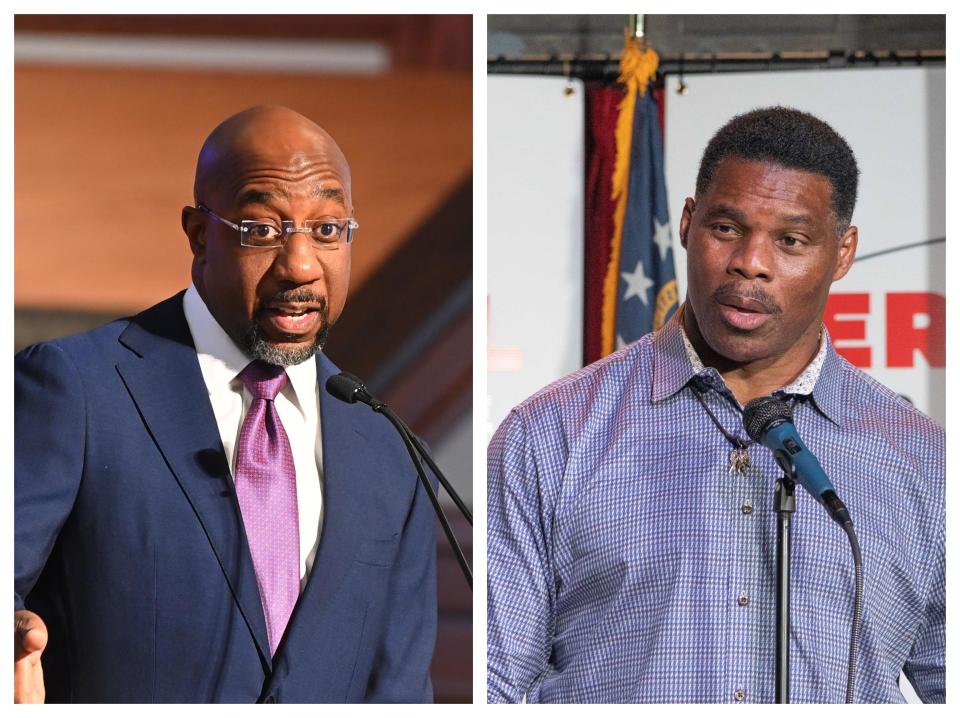 Raphael Warncok, left, and Herschel Walker.  / Credit: Paras Griffin/Getty Images, Megan Varner/Getty Images