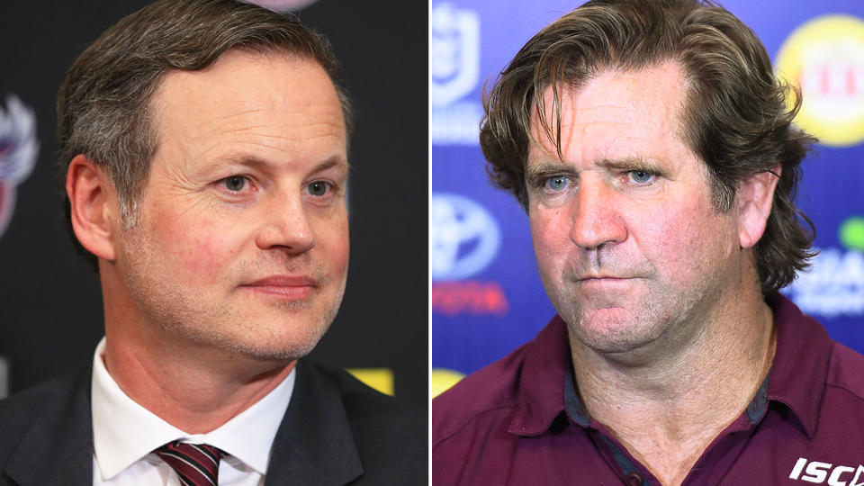 Pictured left to right, Manly owner Scott Penn and coach Des Hasler.