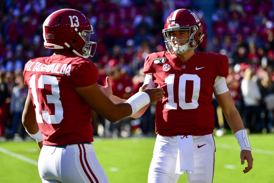 Alabama quarterback Mac Jones, right, was Tua Tagovailoa's backup for two-plus years in college. (AP Photo/Vasha Hunt)