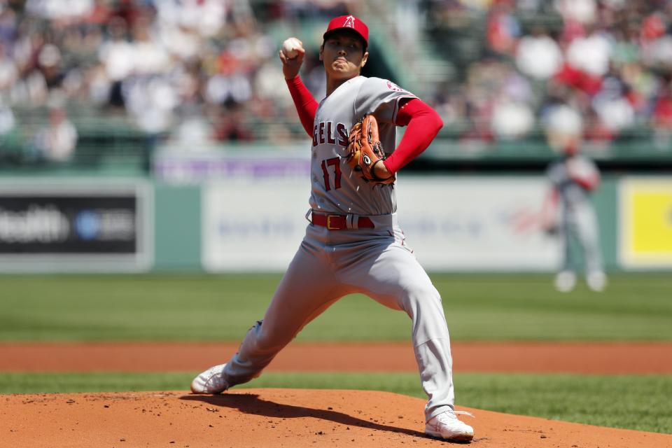 Los Angeles Angels' Shohei Ohtani pitches during the first inning of a baseball game against the Boston Red Sox, Thursday, May 5, 2022, in Boston. (AP Photo/Michael Dwyer)