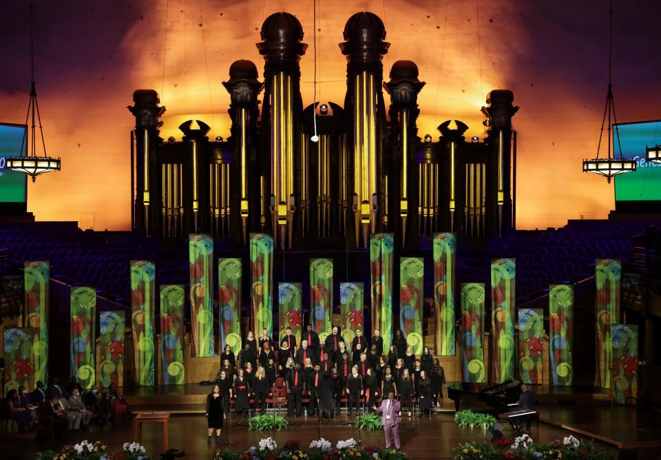 The Debra Bonner Unity Gospel Choir sings at a 50th anniversary celebration for the Genesis Group at The Tabernacle on Temple Square in Salt Lake City on Saturday, Oct. 23, 2021.