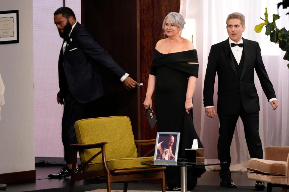 Anthony Anderson takes part in a "Sopranos" therapist segment with Lorraine Bracco and Michael Imperioli during the 75th Emmy Awards at the Peacock Theater in Los Angeles on Monday, Jan. 15, 2024.