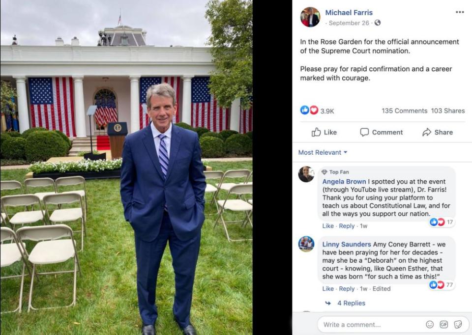A photograph posted on Michael Farris’s Facebook page, showing him at the White House the day Barrett’s Supreme Court nomination announcement was made.