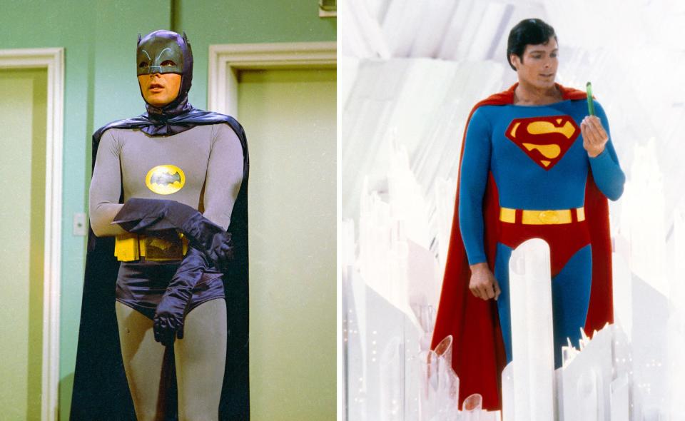 Left: Adam West as Batman. Right: Christopher Reeve as Superman