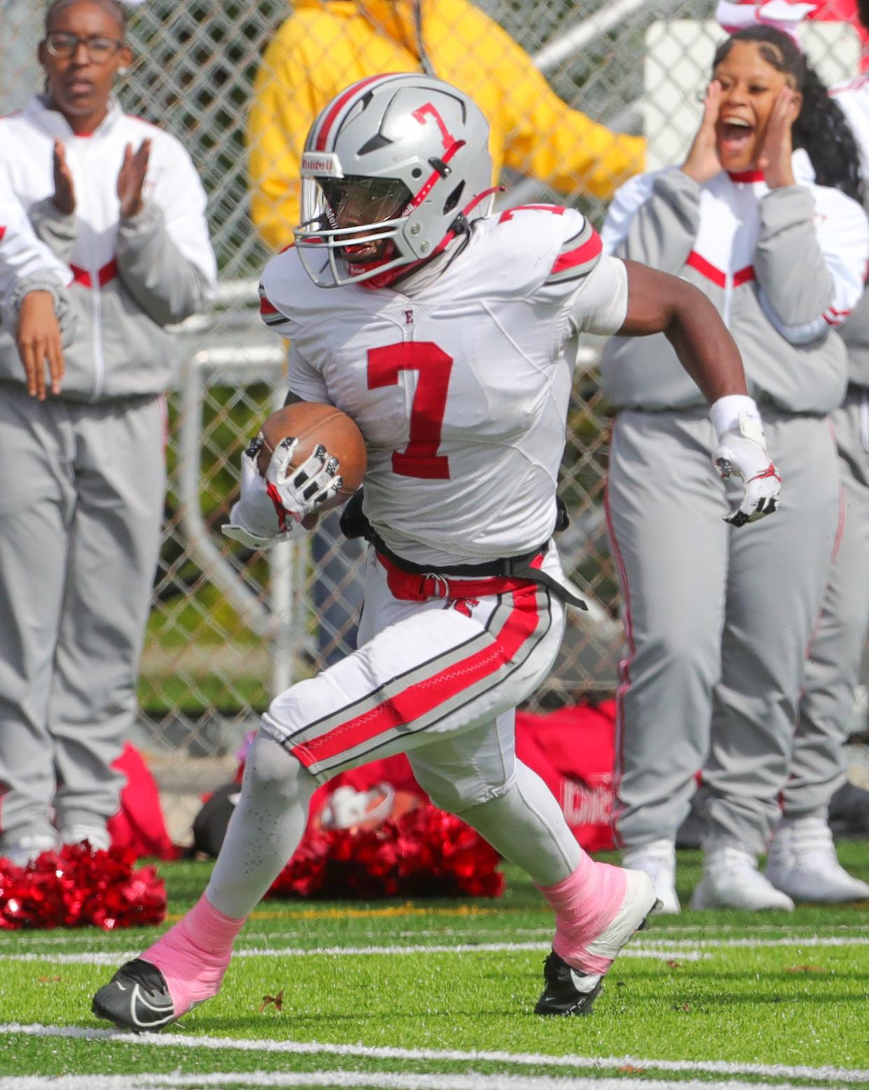 East running back Ziaire Stevens ran all over the Buchtel defense during the first half on Saturday, Oct. 7, 2023, in Akron, Ohio, at Griffin Stadium. [Phil Masturzo/ Beacon Journal]