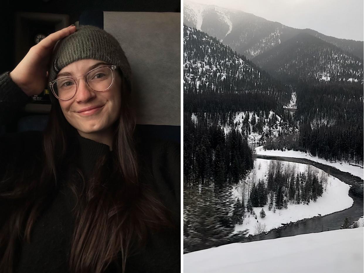 Side-by-side photos show the author (left) smiling for a selfie, and a view of a river and mountains (right) as seen from a train window.