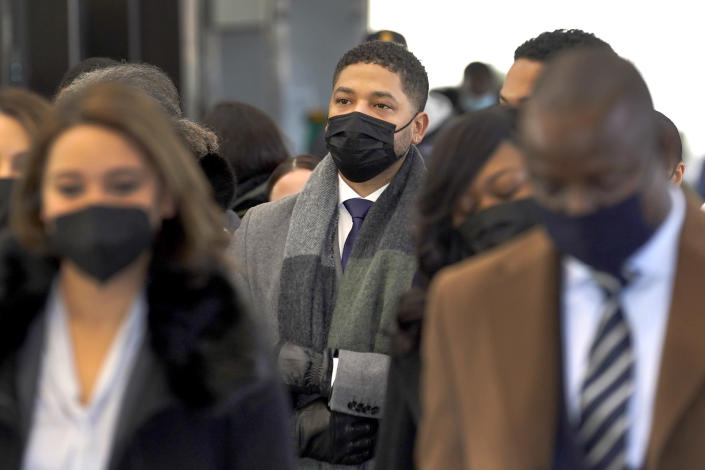 Actor Jussie Smollett arrives at the Leighton Criminal Courthouse on Wednesday, Dec. 8, 2021, day seven of his trial in Chicago. (AP Photo/Charles Rex Arbogast)