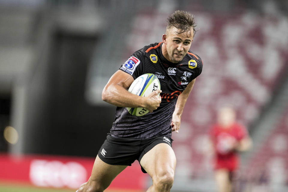 Jeremy Ward of the Sharks in action during the Super Rugby match between the Sunwolves and the Sharks at Singapore National Stadium, in Singapore, Saturday, Feb. 16, 2019. (AP Photo/Danial Hakim)