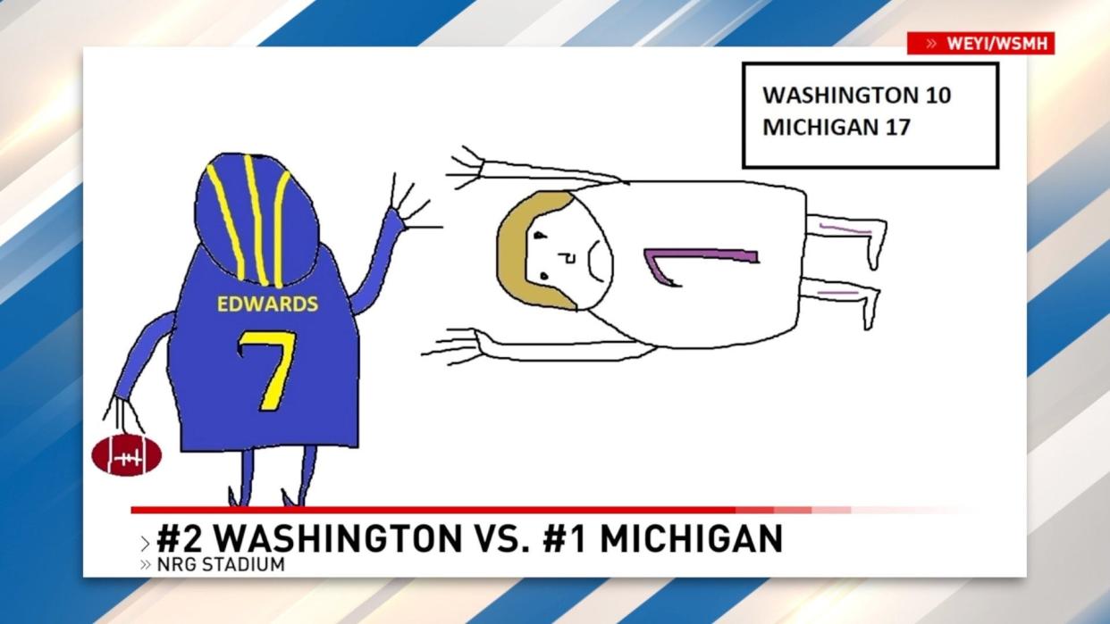 Sam Ali, sports director of Mid-Michigan NOW, drew this for his sports report on the University of Michigan national championship on Monday, Jan. 8, 2024L: U-M's Donovan Edwards and a flattened Washington player.