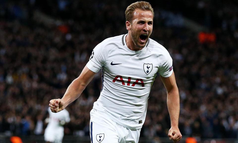 Harry Kane celebrates scoring his first and Tottenham’s second goal in the 3-1 win over Borussia Dortmund at Wembley.