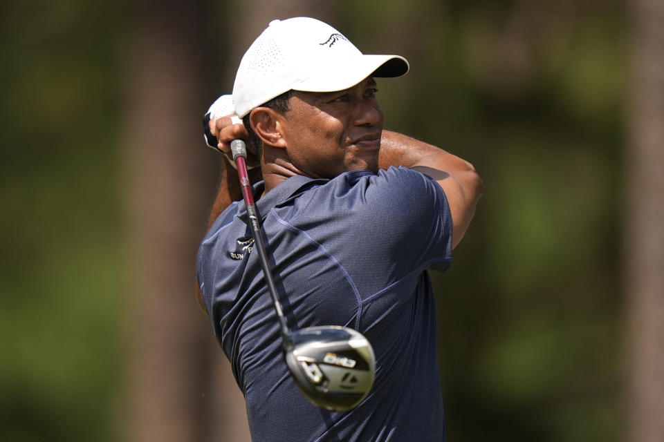 Tiger Woods watches his tee shot on the fifth hole during the second round of the U.S. Open golf tournament Friday, June 14, 2024, in Pinehurst, N.C. (AP Photo/Frank Franklin II )