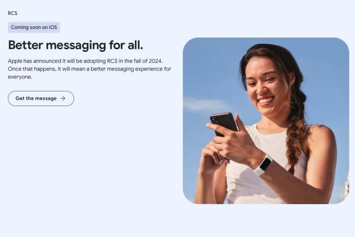 A screenshot of the Android website, showing information about RCS coming to the iPhone in fall 2024.