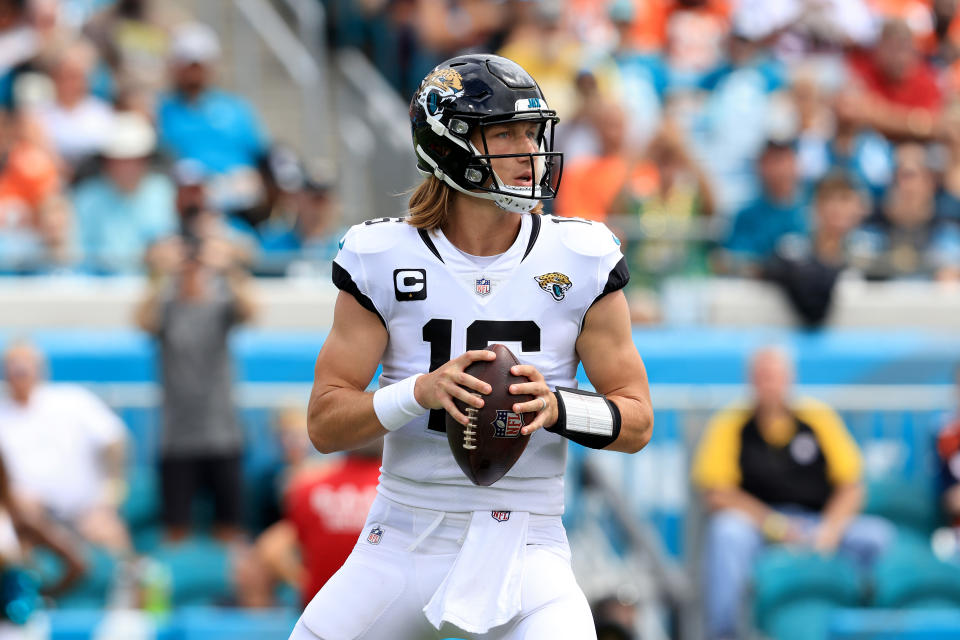 JACKSONVILLE, FLORIDA - SEPTEMBER 19: Trevor Lawrence #16 of the Jacksonville Jaguars looks to pass during the game against the Denver Broncos at TIAA Bank Field on September 19, 2021 in Jacksonville, Florida. (Photo by Sam Greenwood/Getty Images)