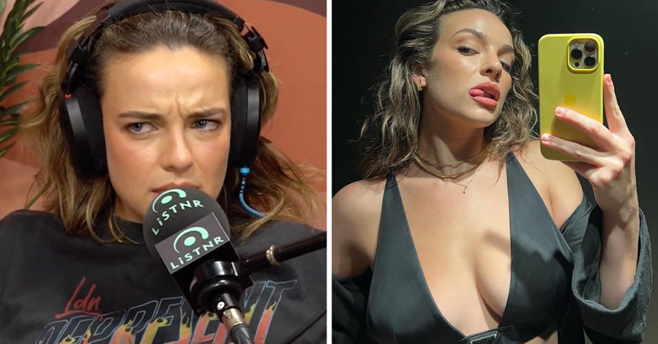 L: Abbie Chatfield speaking on her It's A Lot podcast. R: Abbie takes a mirror selfie in a bra with her tongue out