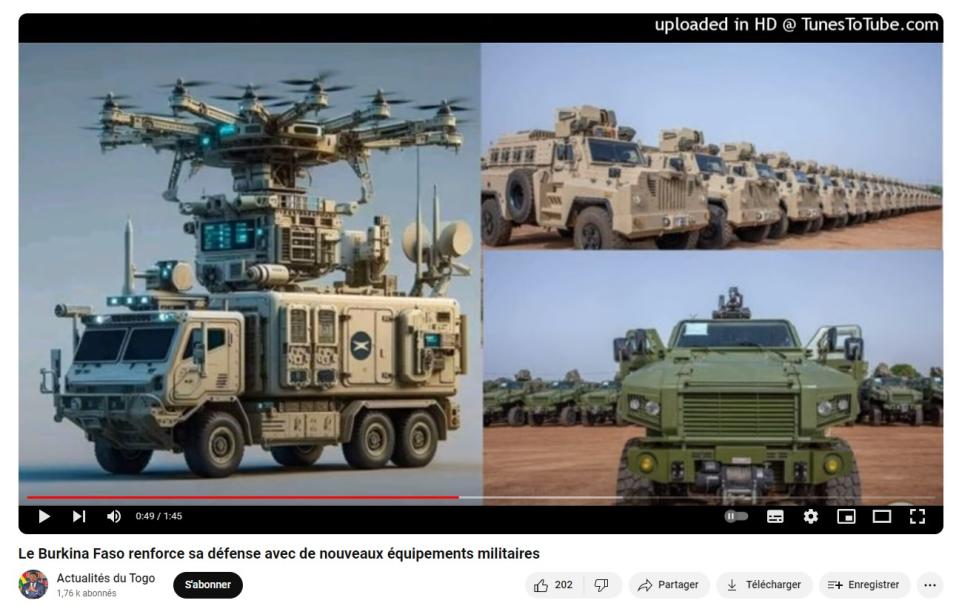<span>Capture d'écran prise sur YouTube le 25 juin 2024 d'une image diffusée sur les réseaux sociaux (à gauche) et de deux photographies publiées par les autorités burkinabè (à droite)</span>