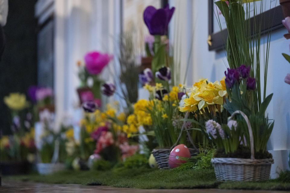 Decorations for the White House Easter Egg Roll adorn the East Colonnade of the White House, Thursday, March 28, 2024, in Washington. (AP Photo/Evan Vucci)