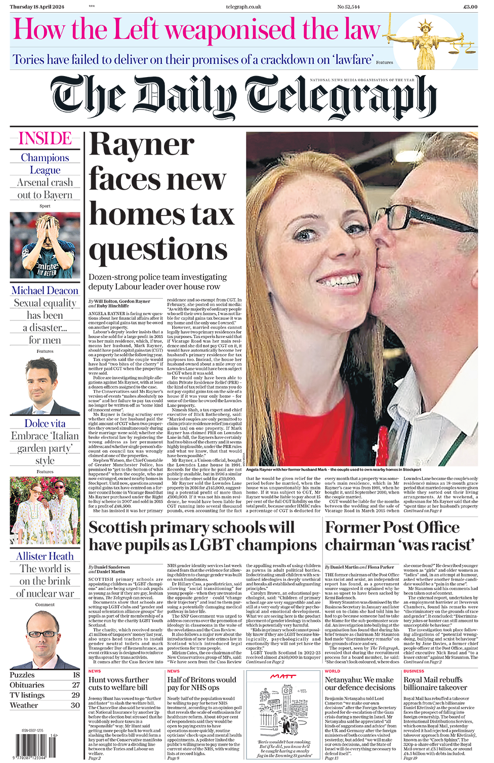 The headline in the Telegraph reads: "Rayner faces new homes tax questions".