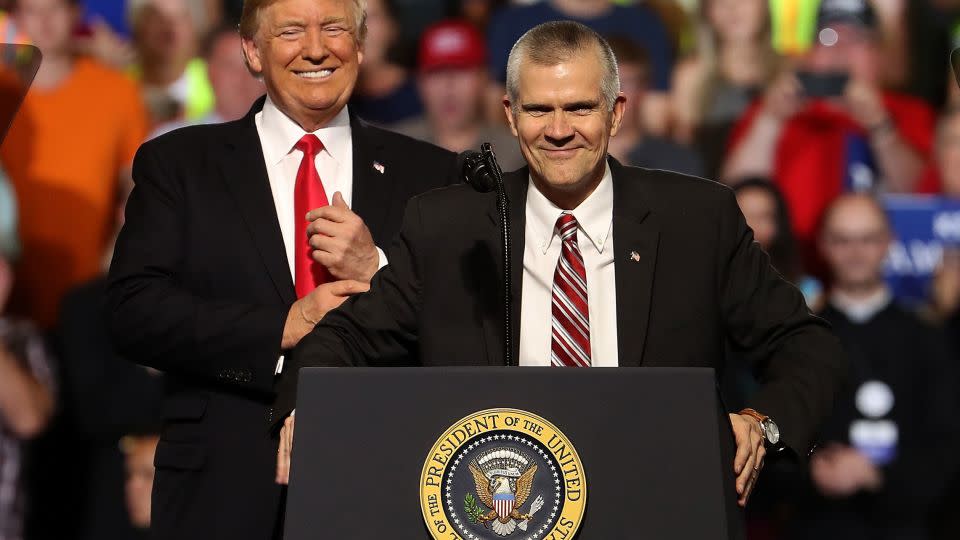 Then-President Donald Trump and Matt Rosendale during a campaign rally at Four Seasons Arena in Great Falls, Montana, in 2018. - Justin Sullivan/Getty Images