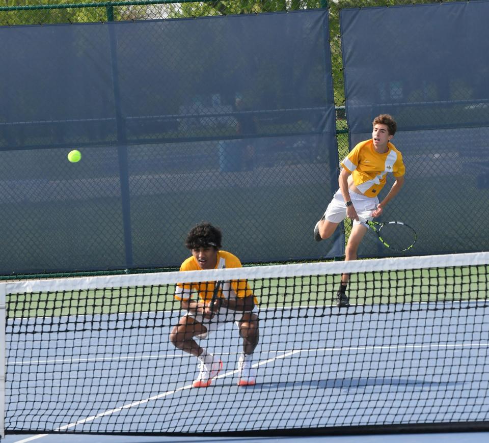 Sycamore's Arjun Rajagopala and Andrew Wittenbaum compete at Flight A of the GCTCA Coaches Classic Tennis Tournament, Mason High School, April 27.