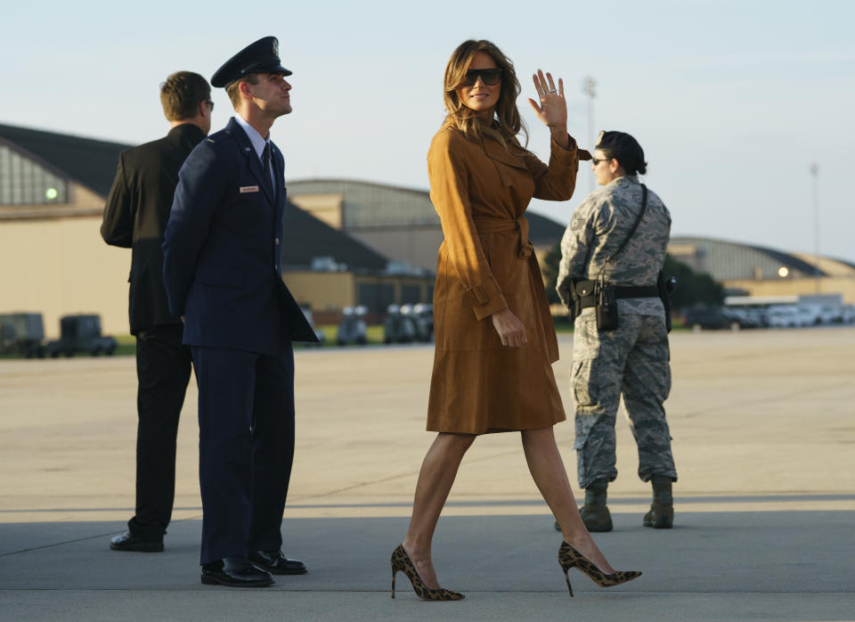 Melania Trump wore a suede coat for her trip to Ghana, Malawi, Egypt, and Kenya. (Photo: Carolyn Kaster/AP)