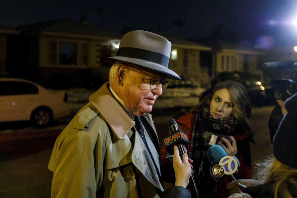 Ed Burke, a powerful Chicago alderman, returns to his home in the Southwest Side of Chicago on Thursday, Nov. 29, 2018, after federal raids on his office earlier in the day. Federal agents executed search warrants at the City Hall office of a powerful Chicago alderman on Thursday as part of an ongoing investigation, the Chicago Tribune reported. (Brian Cassella/Chicago Tribune via AP)