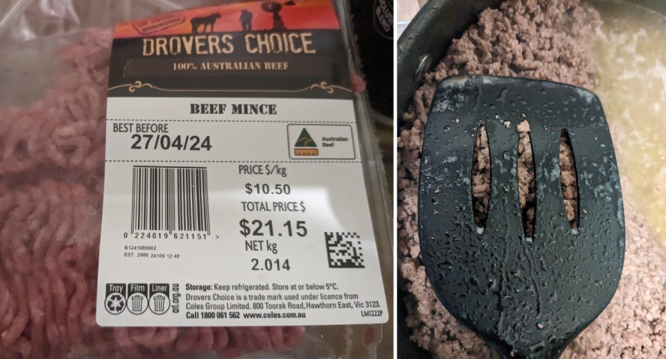 The beef mince in the packet (left) and in the pan with some liquid (right).